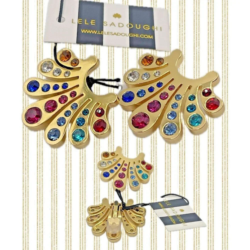 Lele Sadoughi Gold-Tone Multi Color Crystal Lele Button Clip-On Earrings